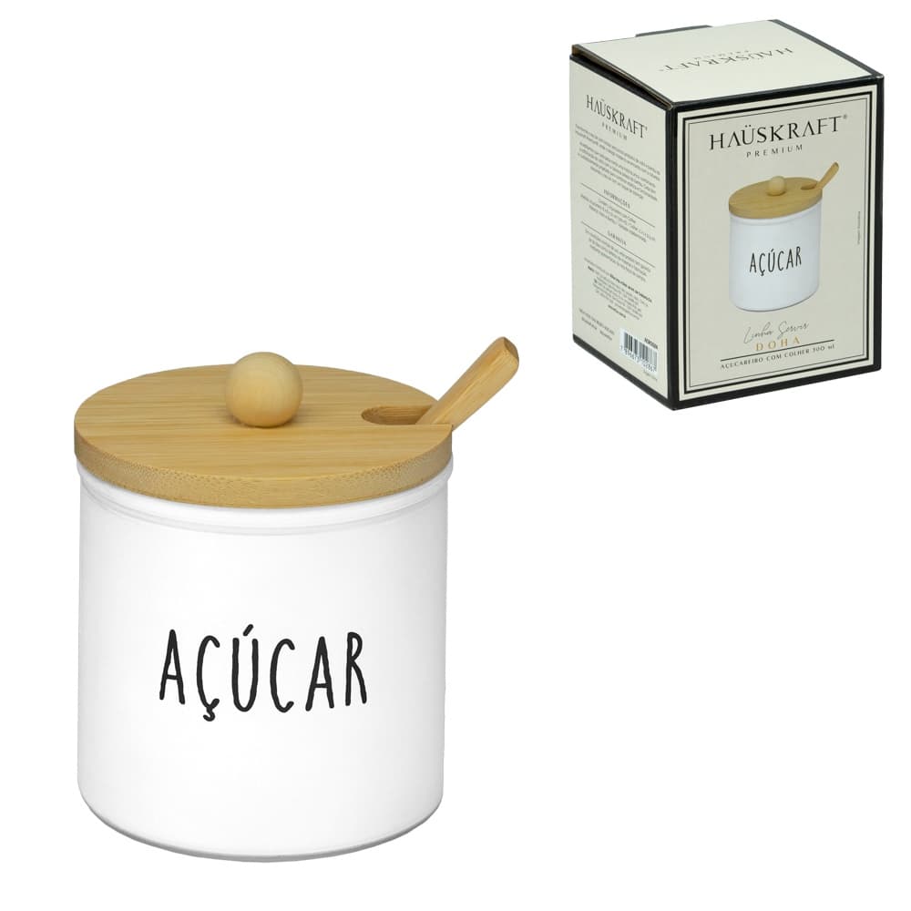 Açucareiro Doha De Vidro E Bambu Com Colher 300ml