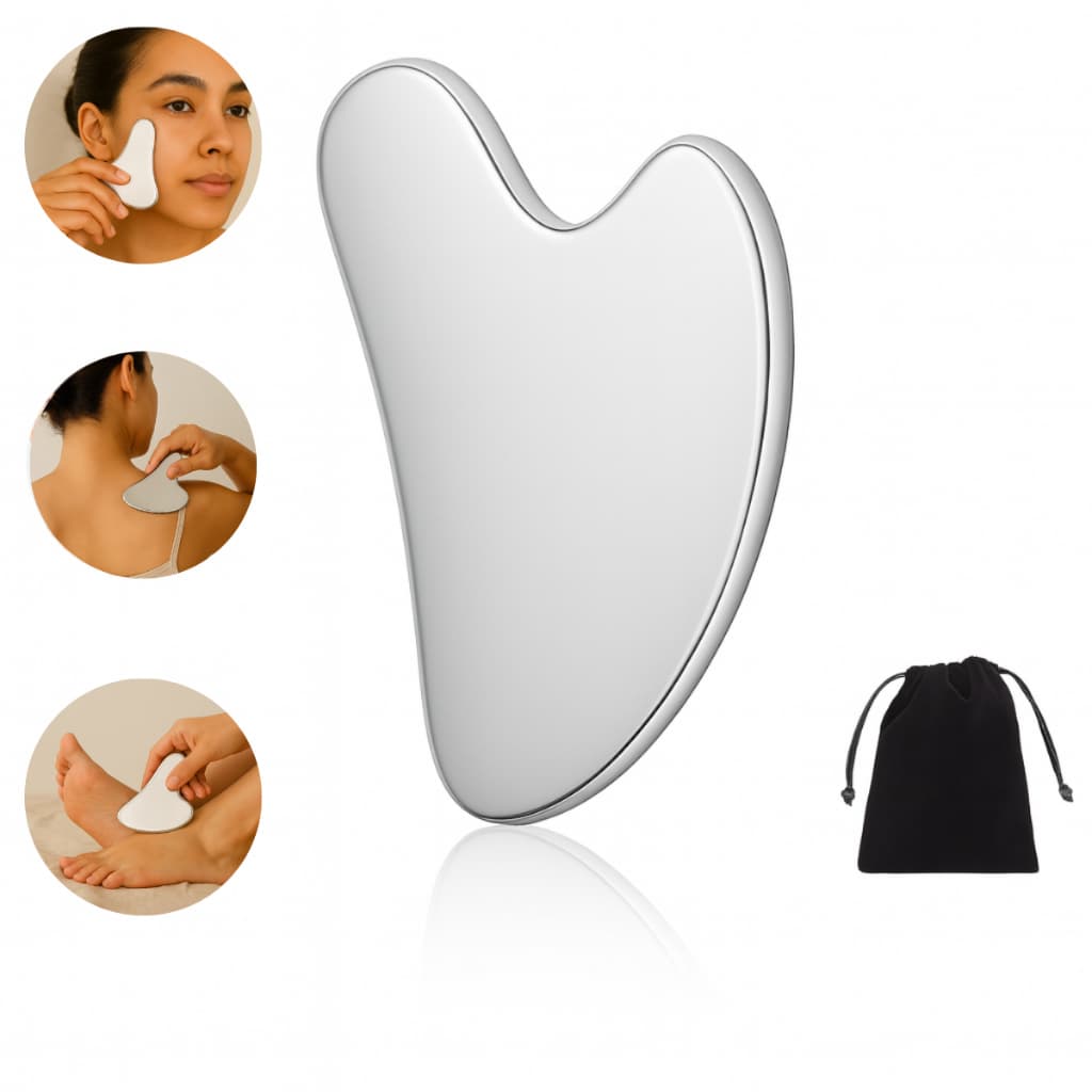 Placa Gua Sha Inox 95g com Capa – Massagem Facial, Skincare, Antirugas, Drenagem Linfática e Guasha