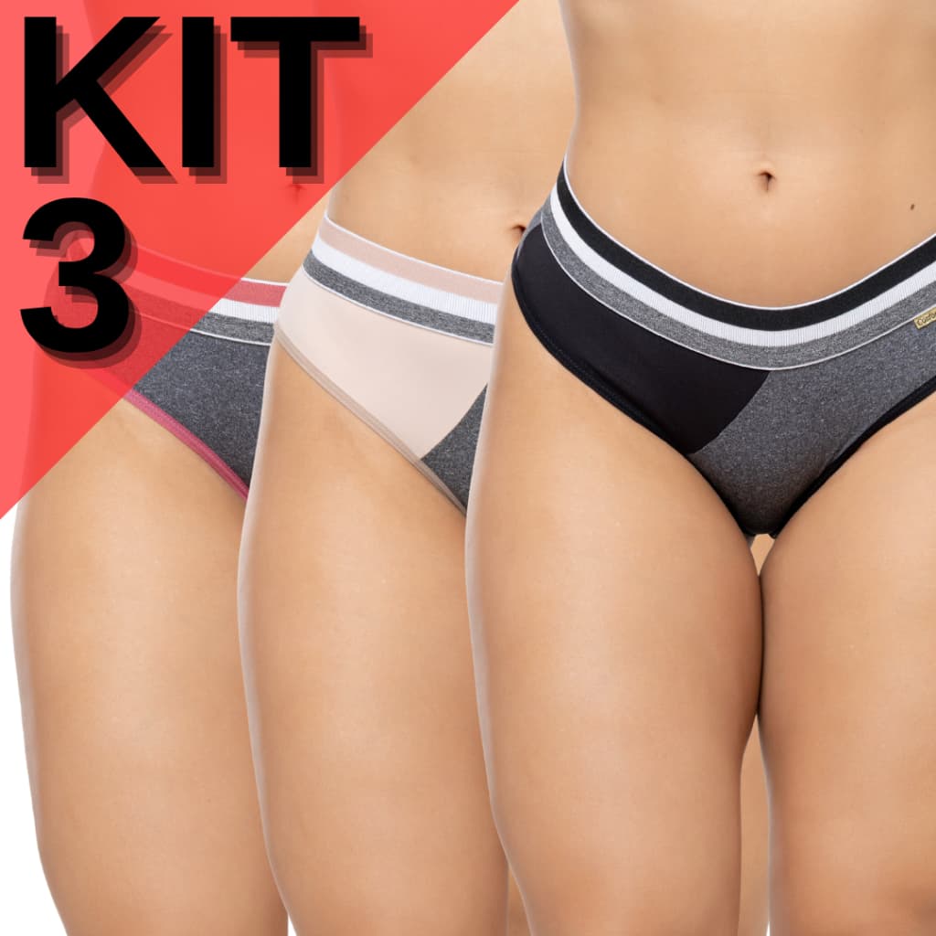 KIT 3 Calcinha Tanga Conforto Tecido Mescla Com Elástico Reforçado Forro Algodão