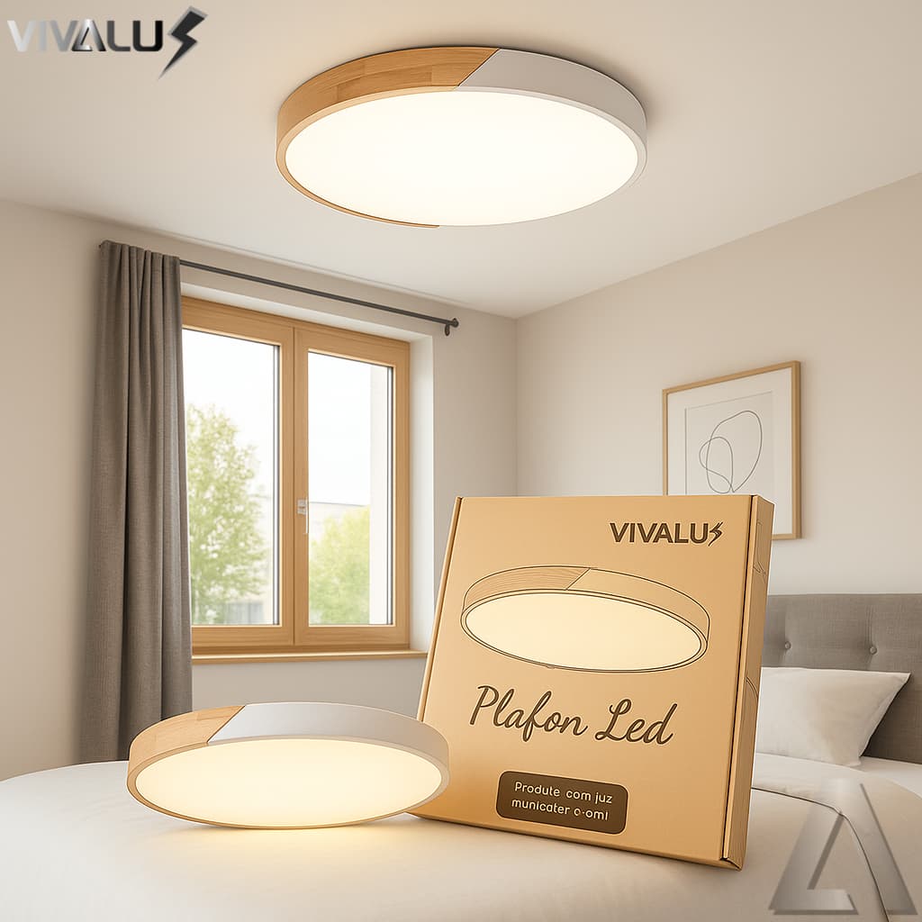 Plafon New Meio Madeira Com Metal 3 Cores Em 1 Luminária Amadeirada Wood Moderno Clean LED Plafon