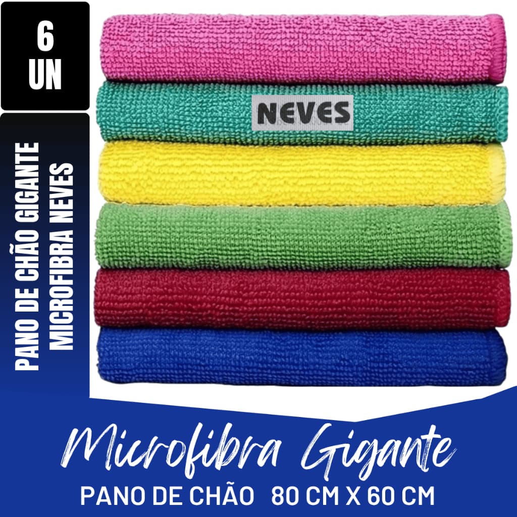 Pano De Chão Microfibra Gigante - 6 Un - 80x60cm - Neves - Multiuso - Limpeza Geral - Multicores