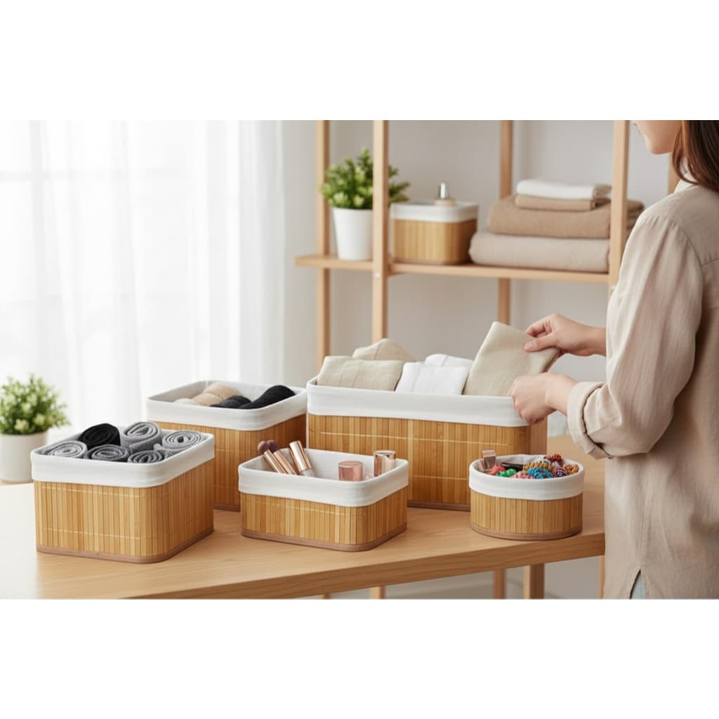 Conjunto 4 Cestos Organizadores Bambu Natural Multiuso Elegante Prático