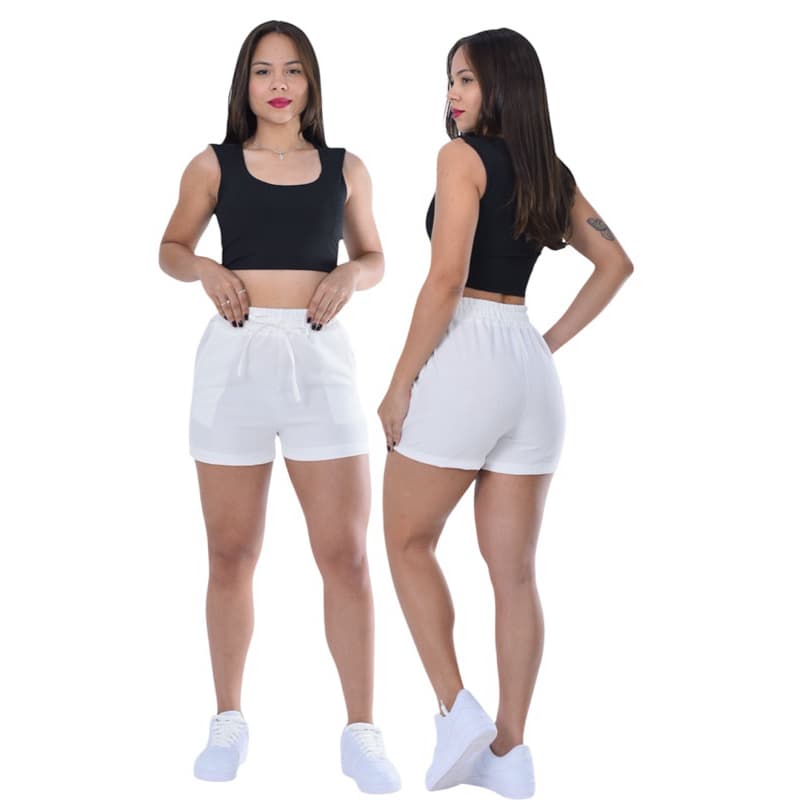 Short Feminino Linho casual cores de Verão Conforvel bolso Funcional Elástico na Cintura