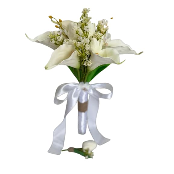 Buquê de Noiva feito de flores artificiais com cores variadas para casamentos civil ou religioso copo de leite e tulipas