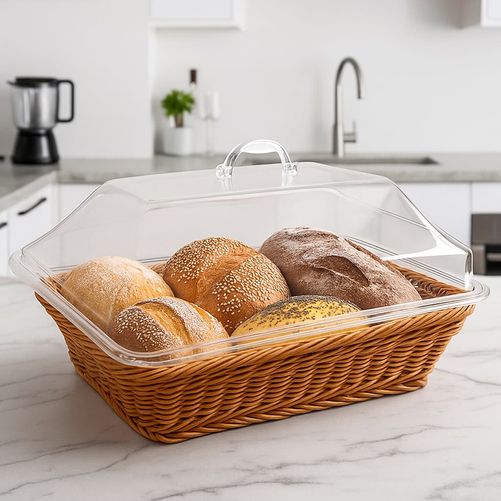 Cesto Porta Pão ou Frutas em Vime com Tampa de Acrílico Organizador Bancaada