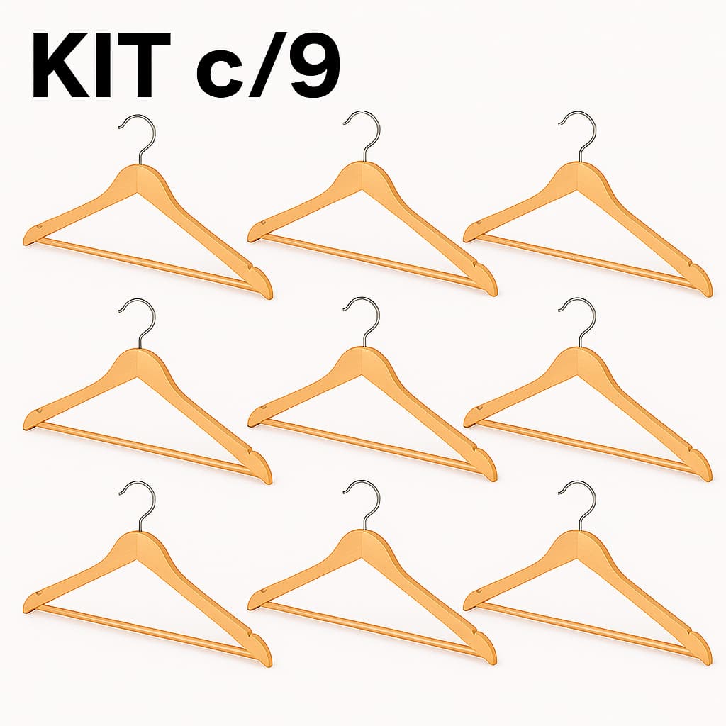 kit com 9 cabides de madeira verniz, elegante  blusa, camiseta, camisa calça e short
