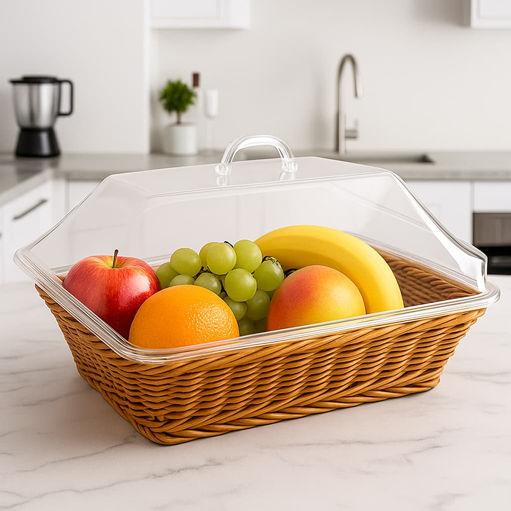 Cesto Porta Pão  Frutas Vime com Tampa de Acrílico Protege os alimentos de insetos Organizador Bancada