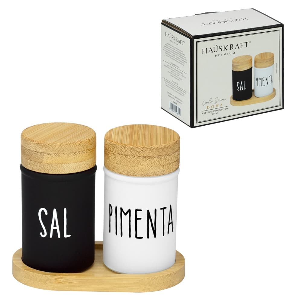 Saleiro E Pimenteiro Base De Bambu 90ml Doha Hauskraft Cor Branco E Preto