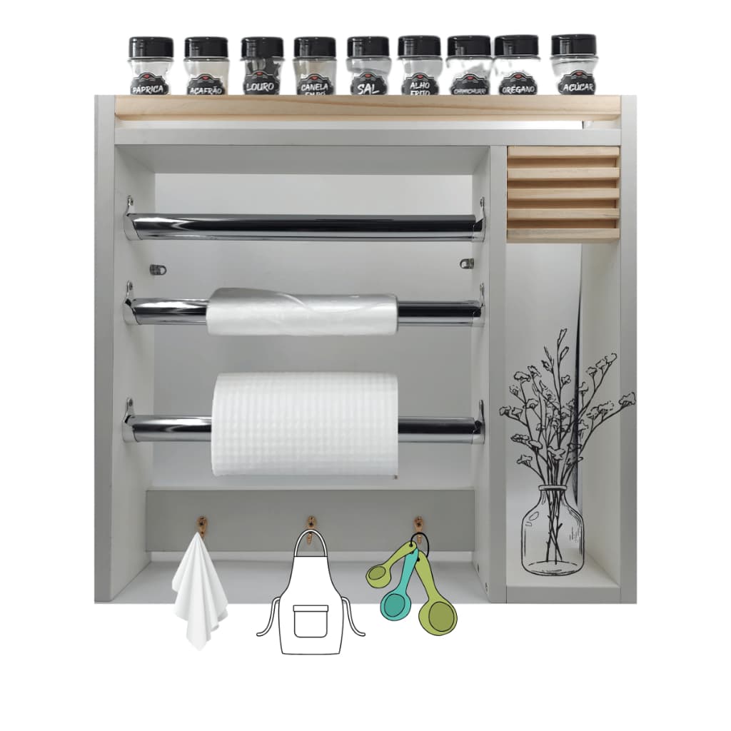 BRATSVA PORTA PAPEL TOALHA, ALUMINIO, TEMPERO AZEITE EM MDF BRANCO OU PRETO COM TRES GANCHOS PARA PANO LUVA AVENTAL