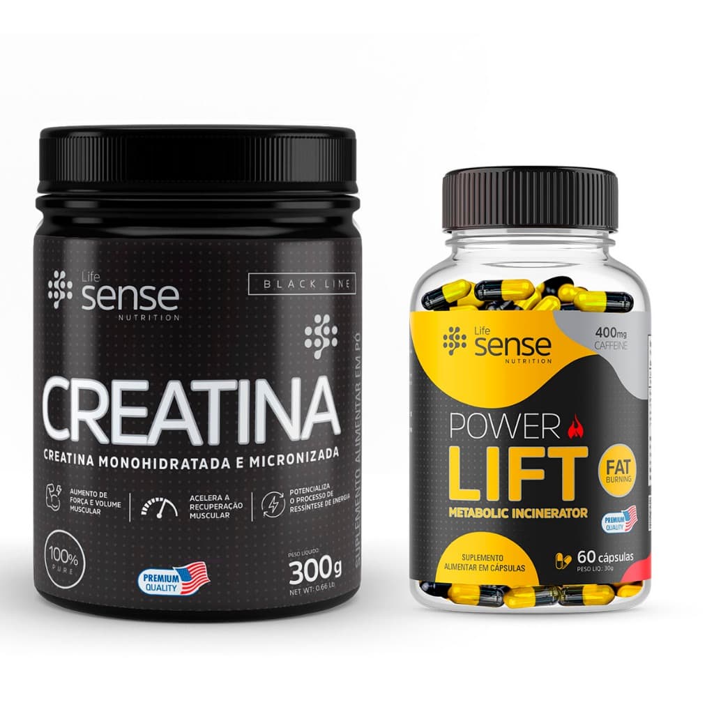 Kit Creatina 300g pura + Termogênico Power Lift 200mg - 60 Cápsulas - Life Sense Nutrition