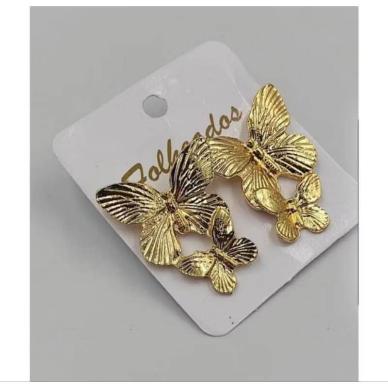 Brincos Borboleta Dupla Dourado - Folheado Ouro - Tendência Feminino - Acessório Moda Luxo
