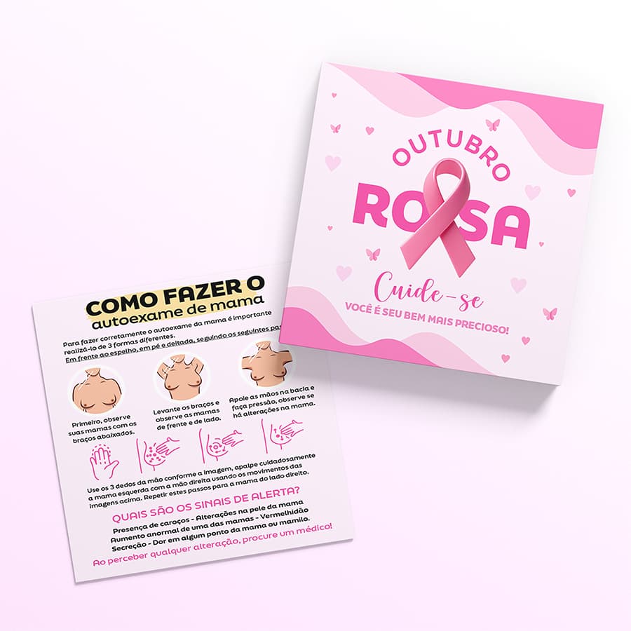 Cartões Duplos Outubro Rosa 9x8cm – Beleza, Informação e Propósito - Couchê 250g