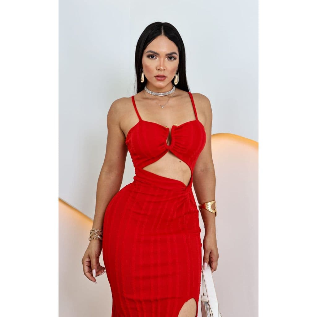 Vestido Feminino Tubinho de Alcinha com Argola no Decote com Bojo e Fenda Lateral Moda Feminina