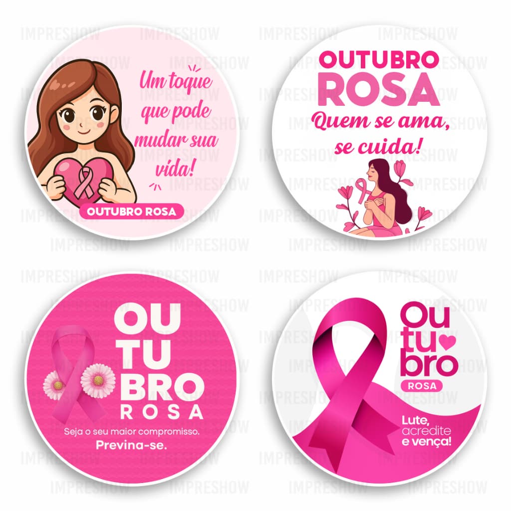 Kit 120 Adesivos Outubro Rosa 4x4cm Vinil à Prova d’Água – Conscientização e Prevenção do Câncer de Mama