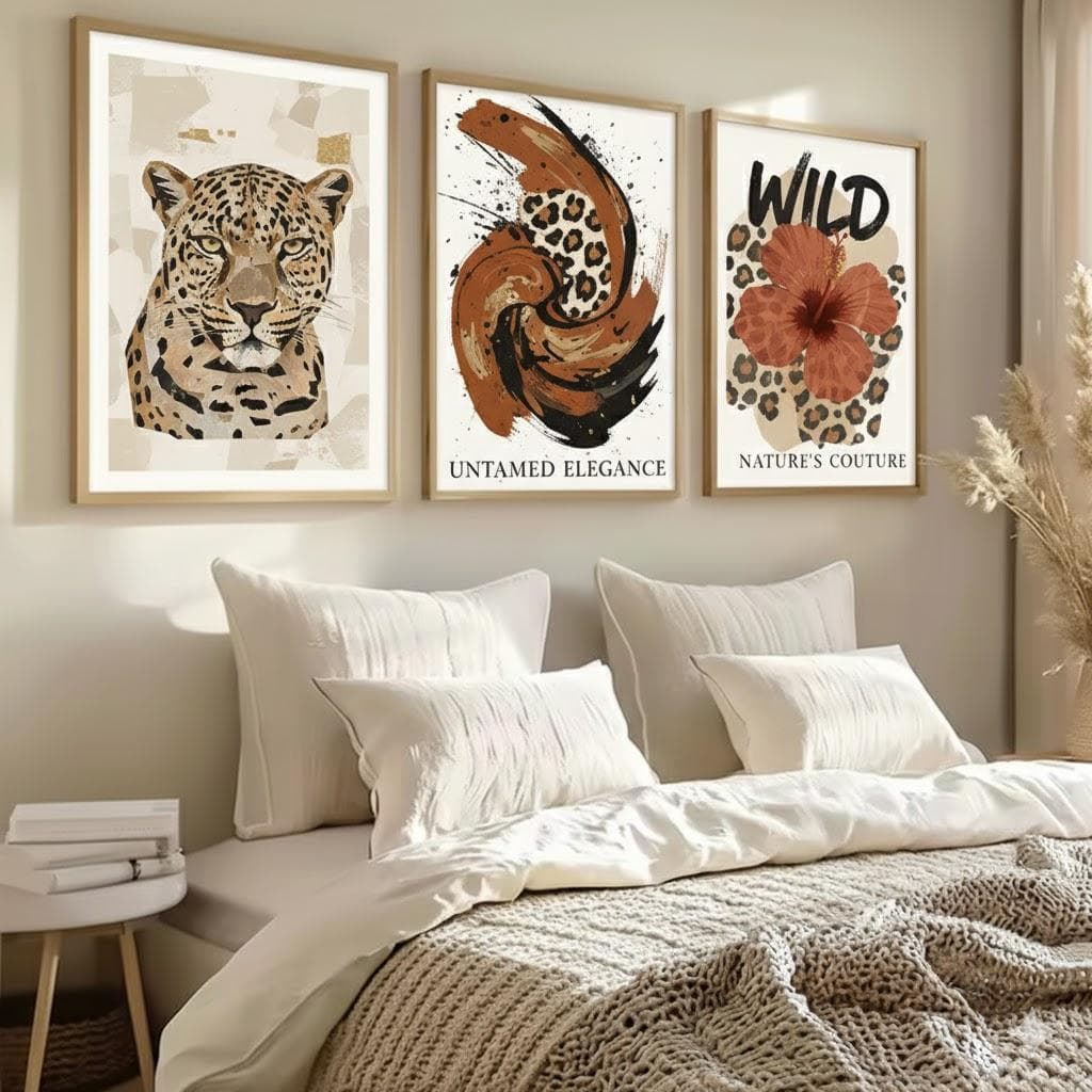 Quadros decorativos animal print flor e arte moderna (3 peças)