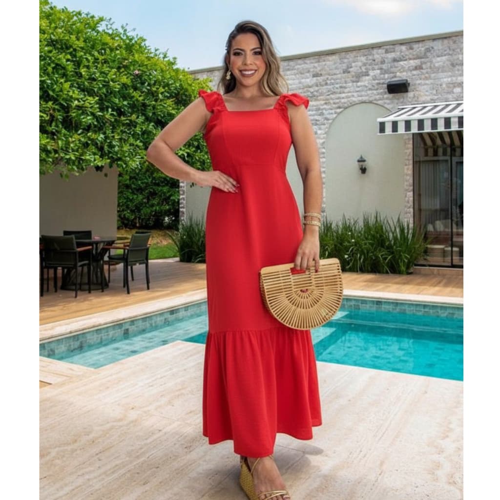 Vestido Feminino Longo Duna Liso Saia Rodada Elástico nas costas e Alça