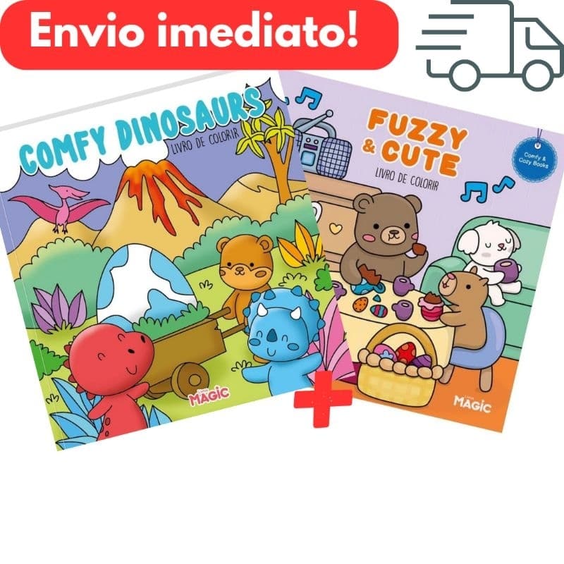 kit com 02 livros  para colorir - Comfy Dinossaurs e Fuzzy & Cute - 24 Ilustrações.