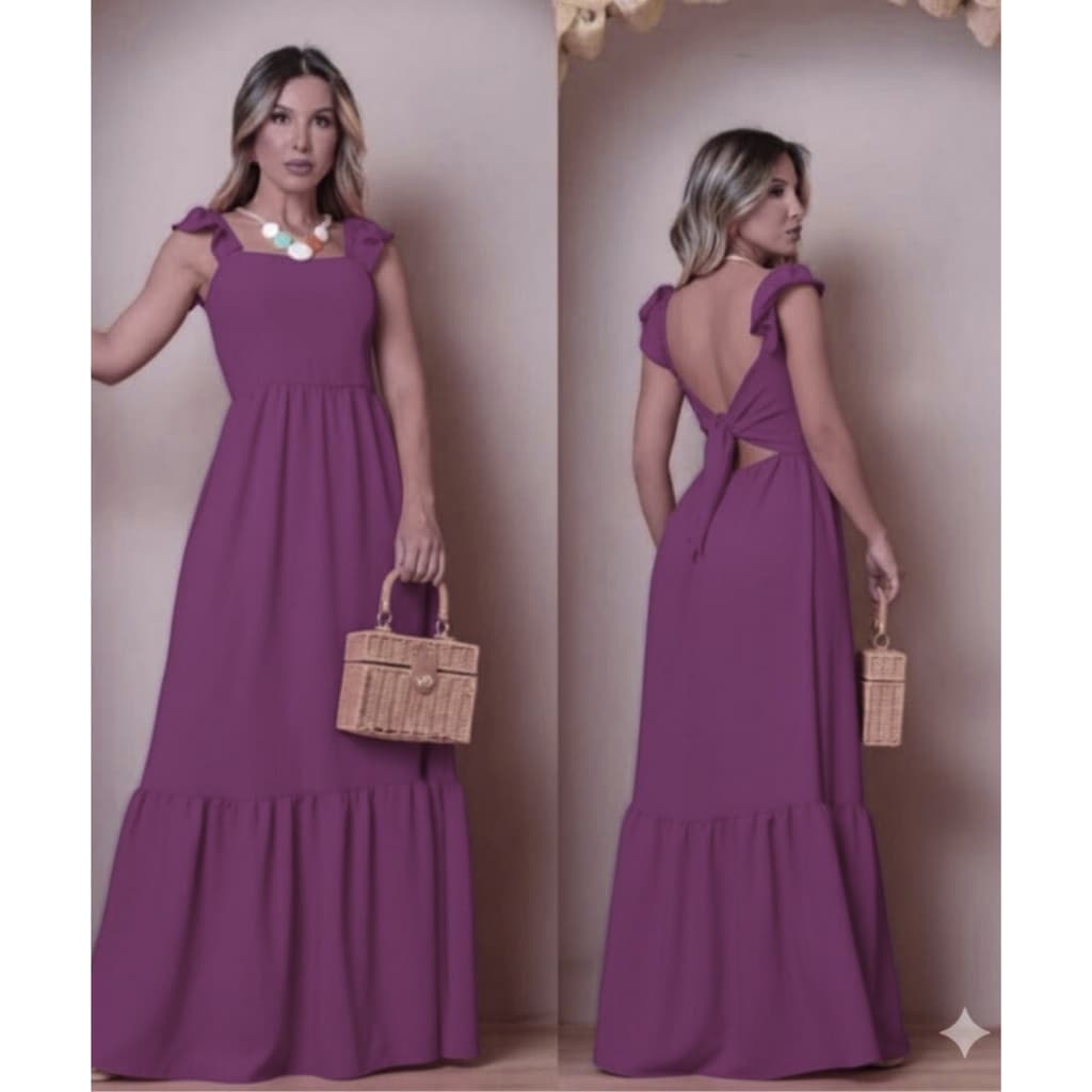Vestido Longo de Alça com Babado e Costas Vazadas Amarração Laço e Saia Rodada