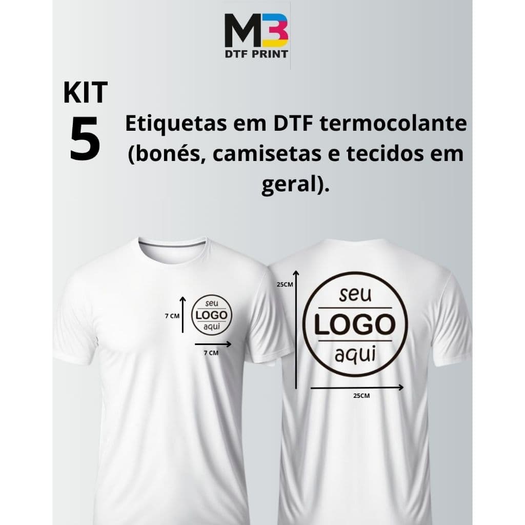 Kit estampas DTF 5 unidades com a logo da sua empresa para camisetas  Frente (7cm) e costas (25cm).