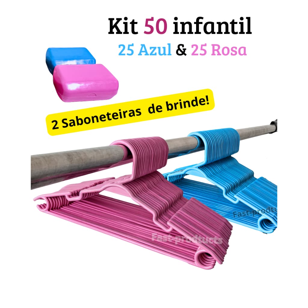 50 Cabide Infantil 25 Rosa e 25 Azul cabides baby resistente.
