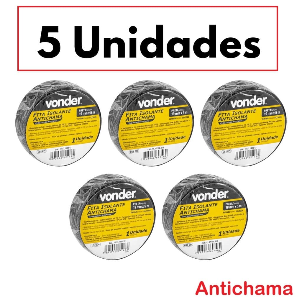 Kit com 5 Unidades - Fita Isolante - Fitas Isolantes 19,0 mm x 5 Metros Preta antichama -VONDER