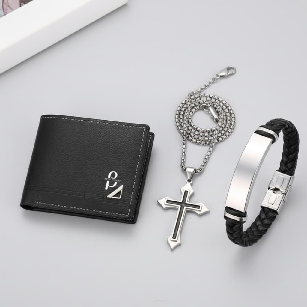 KIT 3 Peças Masculino: Carteira Premium + Colar Cruz Aço Inox + Pulseira Couro Trançado