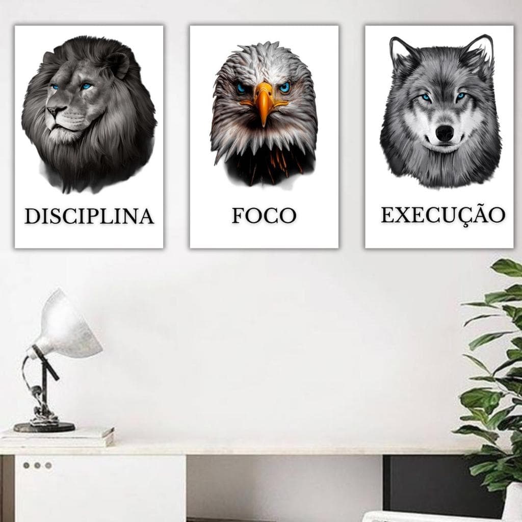 Quadros Decorativos Disciplina Foco Escritório Sala Estudos Leão Águia Lobo