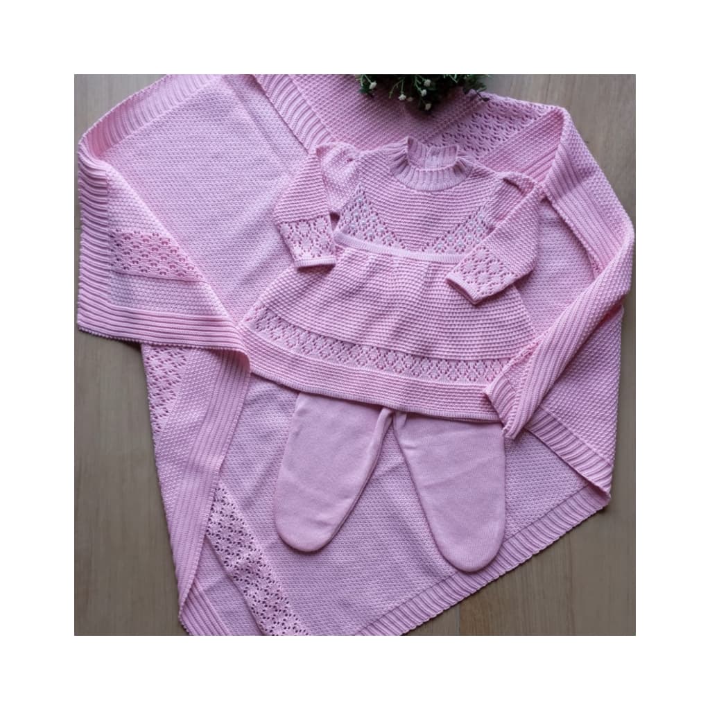 Kit Saída de Maternidade Vestido Pipoca Bordado em Pérolas com calça e Manta, Menina Bebê Recém Nascido RN