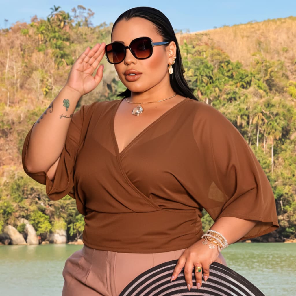❤️Conjunto 2 Peças Blusa Social Feminina Forro + Tule Gola V Manga Curta Sofisticado Tamanho G1