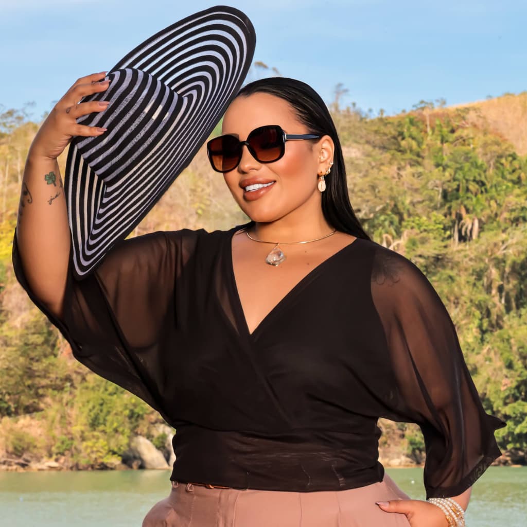❤️Conjunto 2 Peças Blusa Social Feminina Forro + Tule Gola V Manga Curta Sofisticado Tamanho G1
