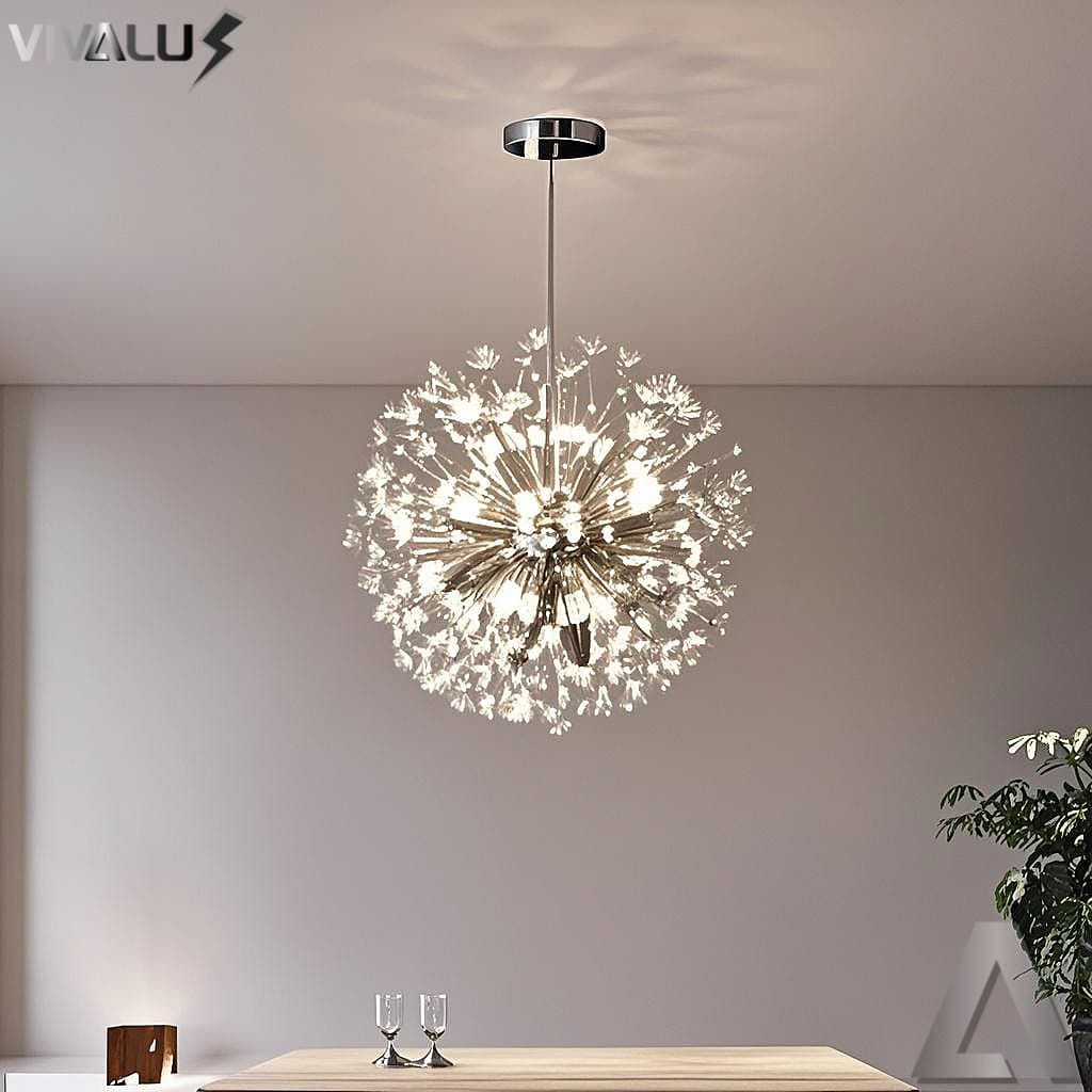 Lustre Pendente Cristal Dente De Leão 50cm + 8 Lâmpadas G9 Luminária Pendente Dourado Para Sala Hall