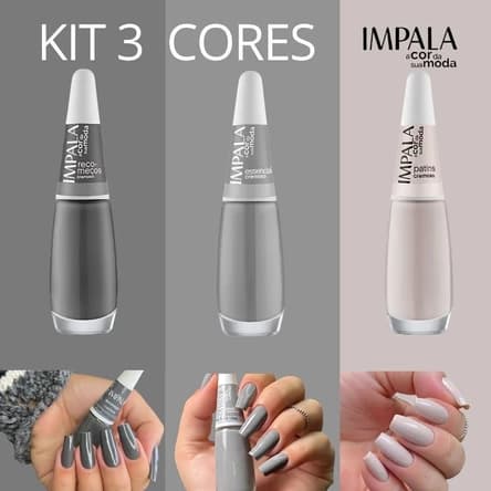 Kit 3 Esmaltes Impala Cores Tons Nude e Cinza Esmaltes Atacado - Envio Imediato