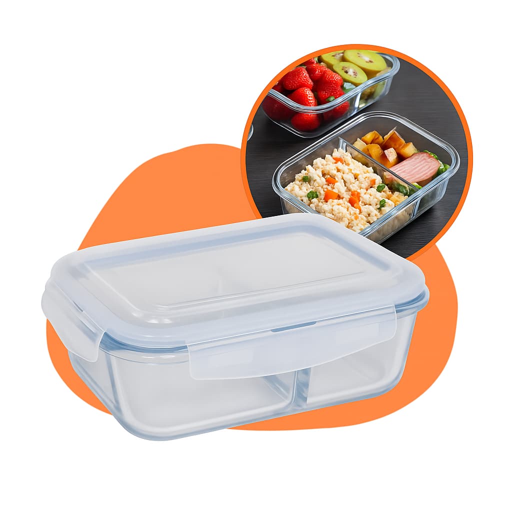 Pote Hermético de Vidro 1040ml com Divisória Tampa Azul Marmita Microondas Lava Louças