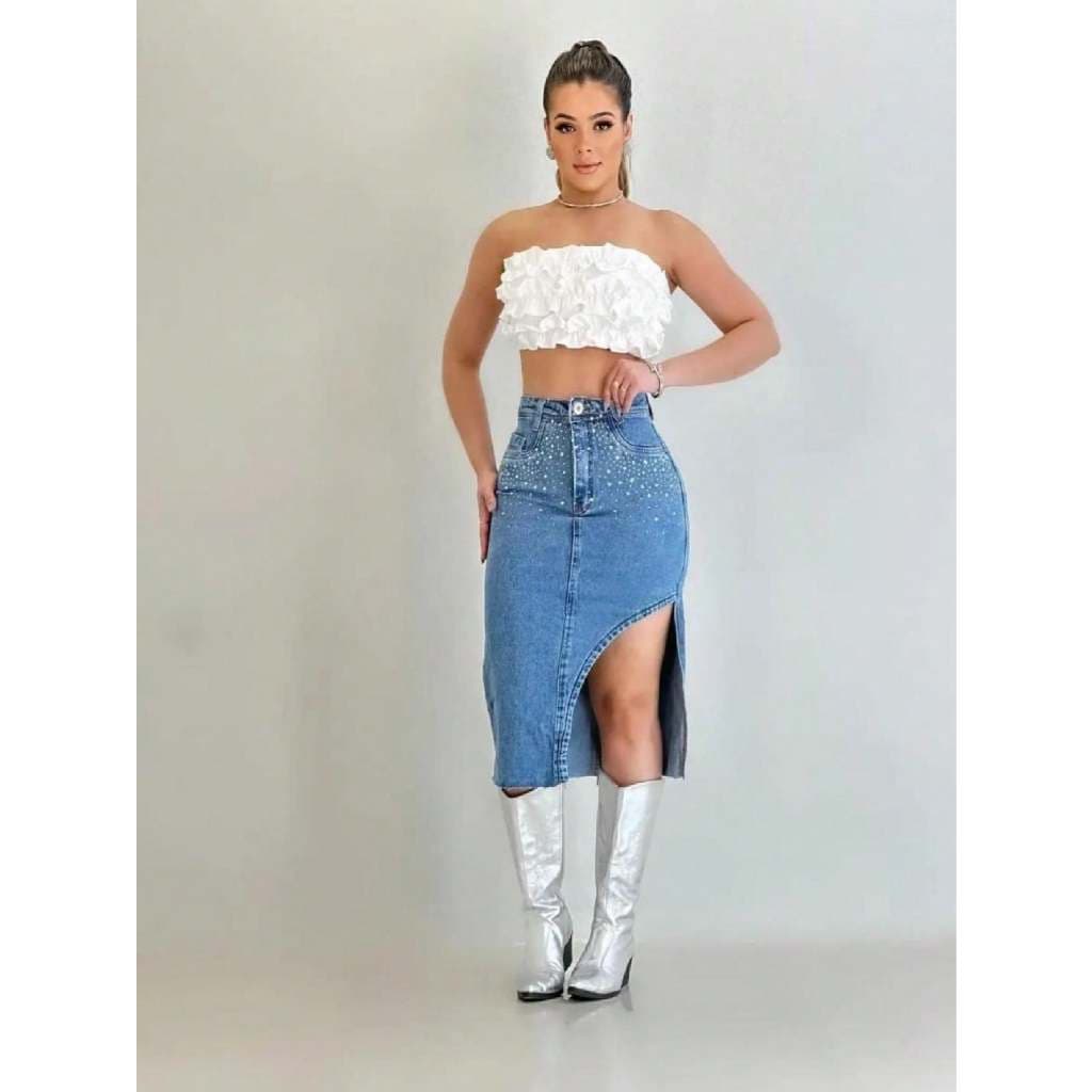 Saia Midi Com Brilho Fenda