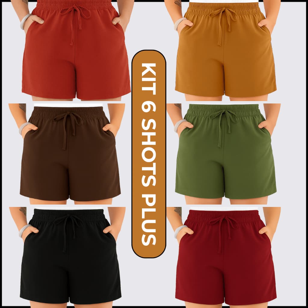 Kit 6 Shorts Feminino Plus Size Duna Tecido Leve Saída Praia Bermuda Mulher Cintura Alta Casual