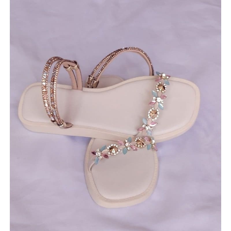 Sandália Rasteira Feminina Luxo Pedraria Strass Brilhante Confortável Tira Dupla Elegante Sandália de Qualidade Premium