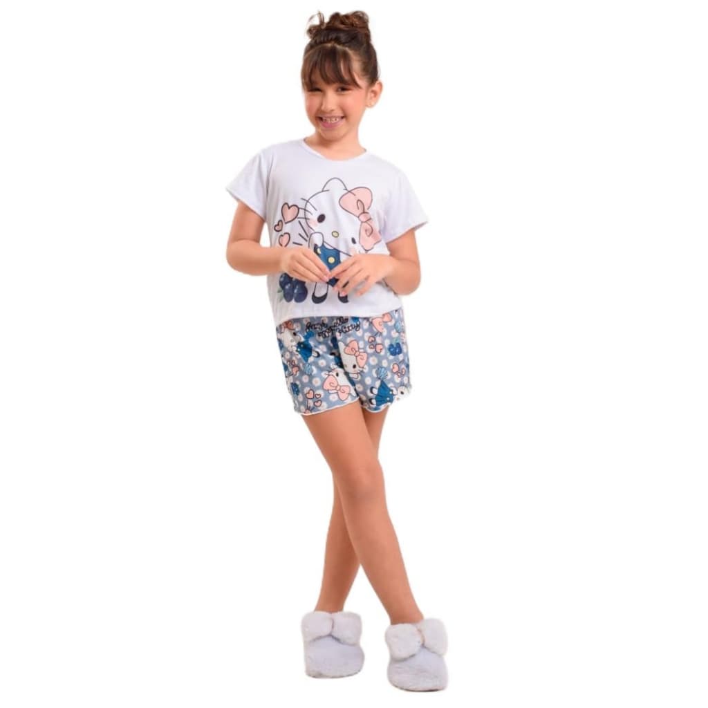 Pijama Menina Infantil Feminino Manga Curta Baby Look Estampada Short Personagem Suede LF046