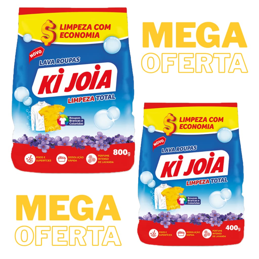 Kit 2 Sabão em Pó Ki Joia – Limpeza Total 400g + 800g | Roupas Limpas e Perfumadas ✨