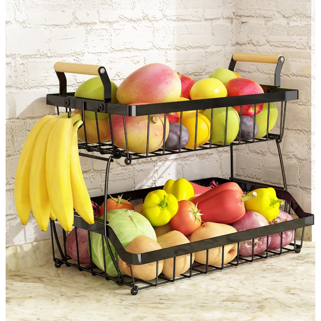 Fruteira de Mesa Organizador De Frutas, Cesto de Frutas de Metalde 2 Níveis, Cesta de Armazenamento de Frutas com Alça