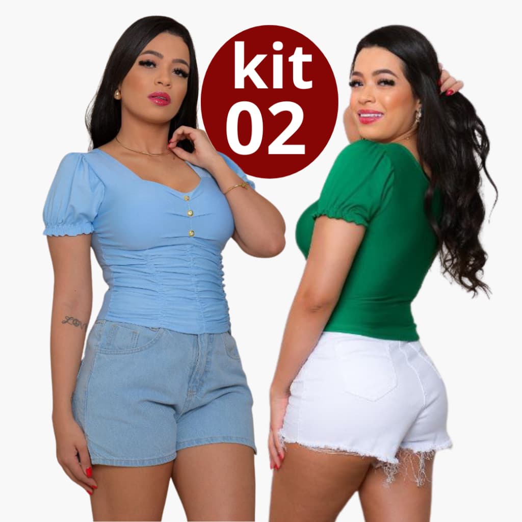 Kit 2  Blusa Cropped Elegante Feminino com Bojo, Forro Duplo e Botões