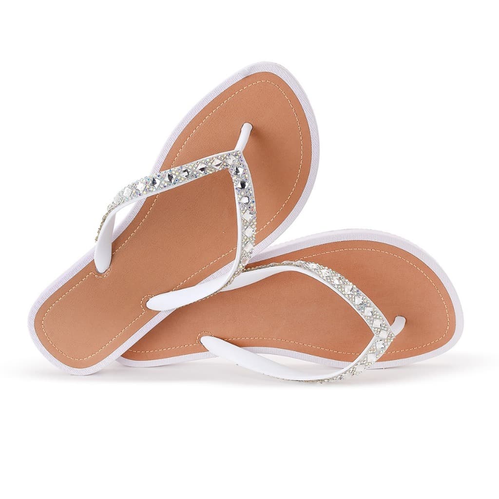 Chinelo Branco Feminino Verão Strass Pedraria Casual Antiderrapante Via Summer