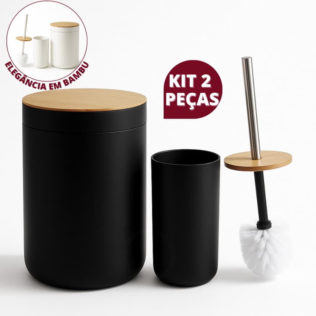 Kit 2 Peças Banheiro Em Bambu Com Lixeira Tampa Escova Sanitária Luxo