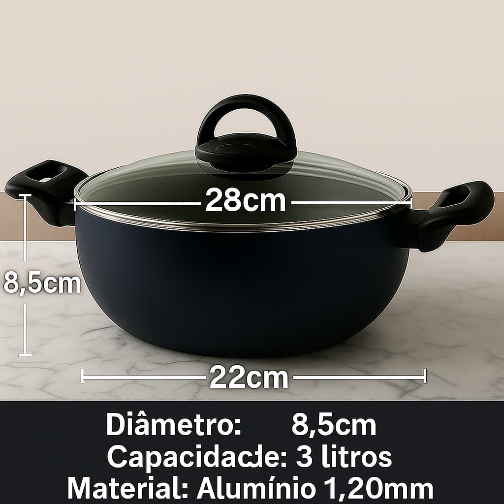 Panela Wok Antiaderente de Alumínio 1,20mm com Tampa de Vidro
