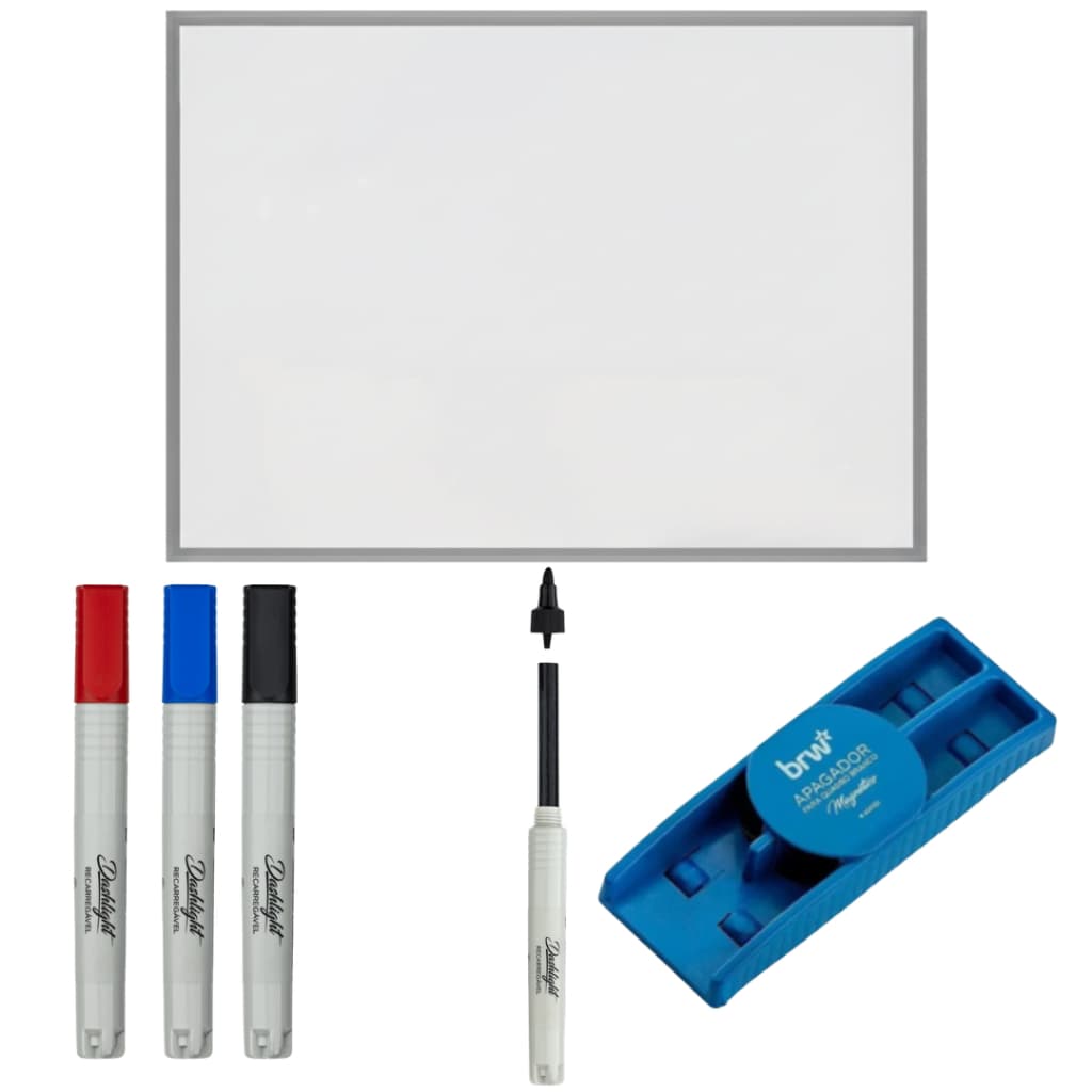 Quadro Branco 60x40cm + 3 Marcadores Brw Dashlight Recarregáveis + Apagador Magnético Brw Kit Completo