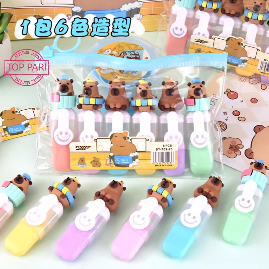 Kit 6 Marca Texto Capivara Caneta Fofa Estudo Presente Papelaria Escolar Anotações