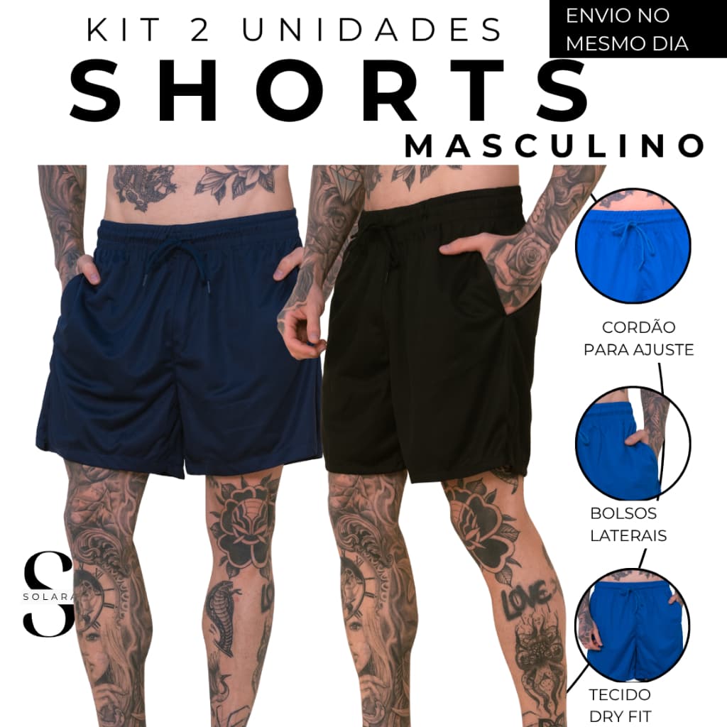 KIT 02 Shorts Esportivo Com Bolso Masculino Dry Fit Academia Casual Praia Futebol