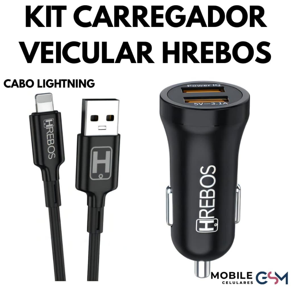 Kit Carregador Veicular Acompanha Cabo LIGHTNING Hrebos - HS-128i