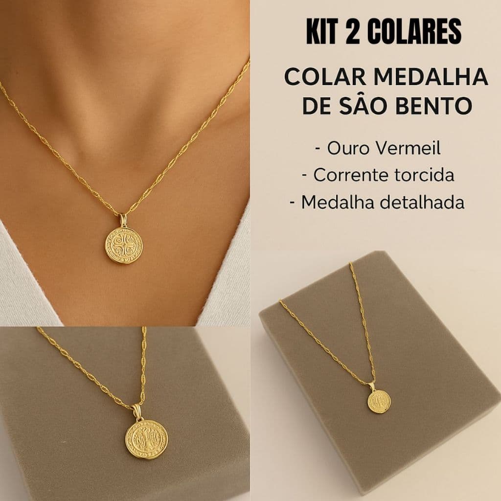 Kit 2 Colar Dourado Medalha de São Bento – Fé, Proteção e Estilo