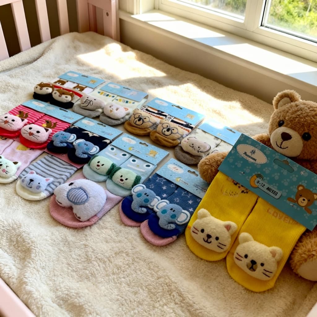 Kit Meia Infantil 3D Chocalho Antiderrapante Bichinho Menina Menino 12-24 Meses