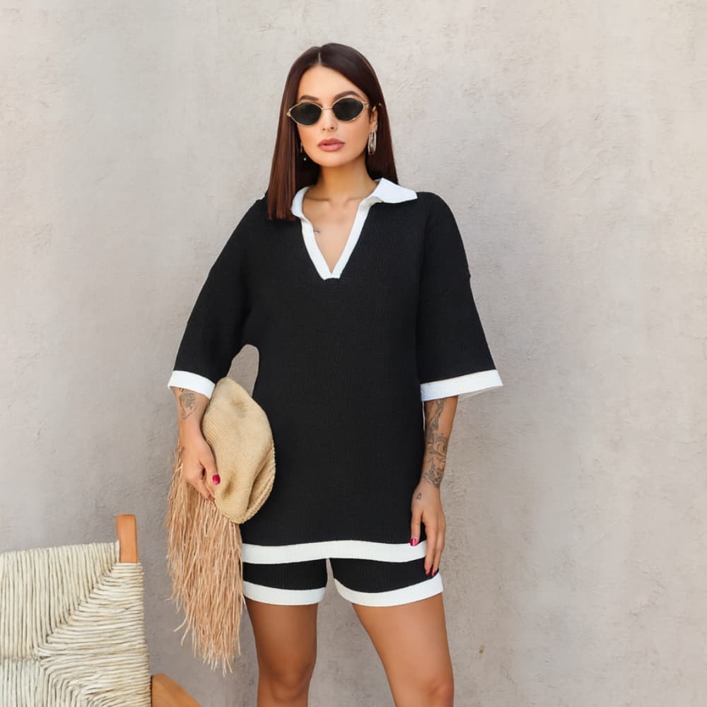 Conjunto Feminino Tricô Premium Gola V | Blusa Gola V + Shorts Verão Elegante